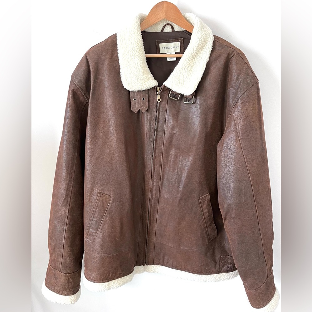 Paradox Brown Leather Sherpa Collar Trim Men Bomber Aviator Jacket Coat XXLT